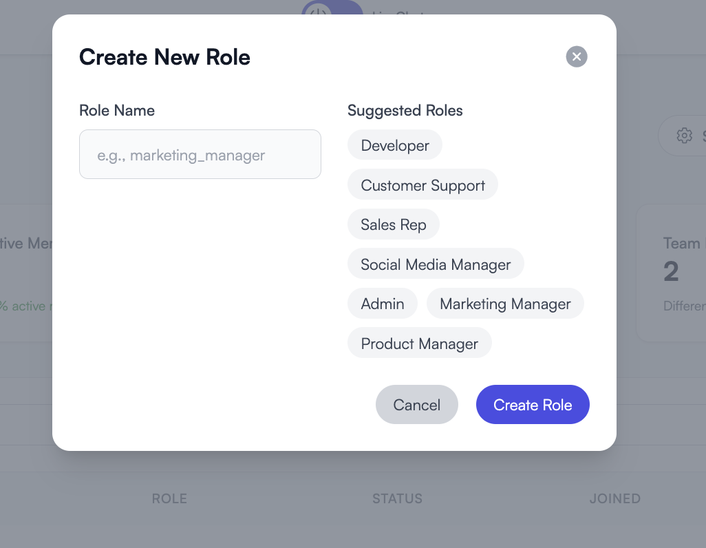 Kamflo create-role dialog with suggested team roles