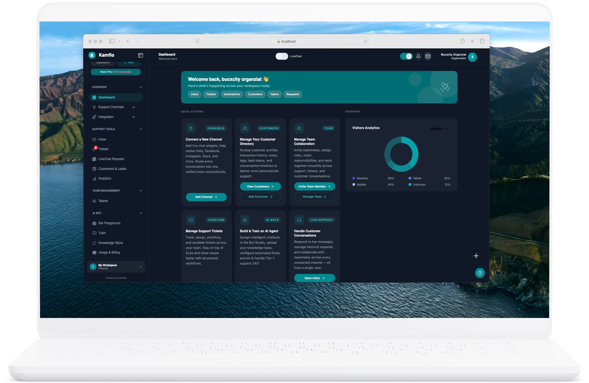 Kamflo workspace dashboard with navigation to inbox, tickets, customers, teams, channels and analytics