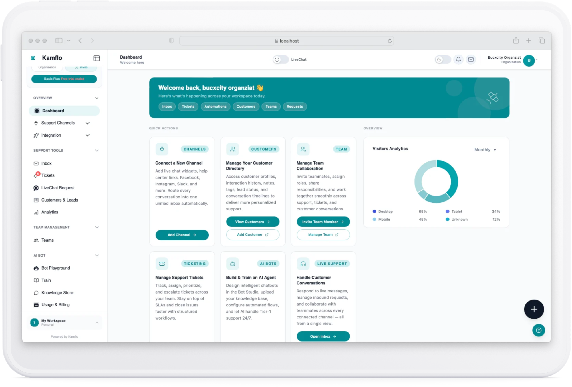 Kamflo customer experience workspace dashboard