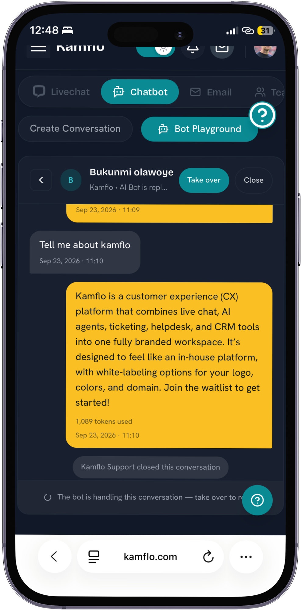 Kamflo AI conversation with an agent handoff shown on a mobile device